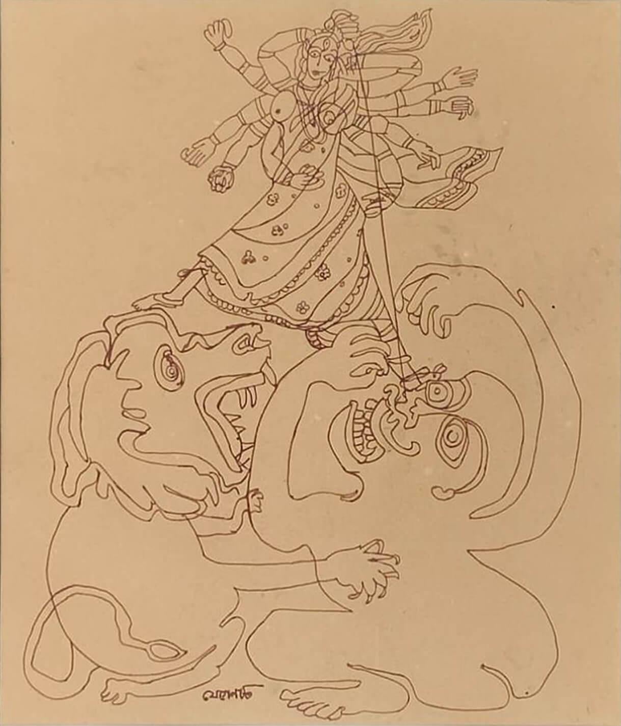 Jogen Chowdhury - Durga
Tinta sobre papel
13 x 11 pulgadas, 2007
(Sin enmarcar y con entrega)


Chowdhury, que siempre fue un artista poderoso, desarrolló su estilo individual tras su regreso de Francia a finales de los años 60. Aunque Chowdhury ha