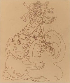 Durga, Figurative, Mythology, Ink on Paper by Jogen Chowdhury "In Stock"