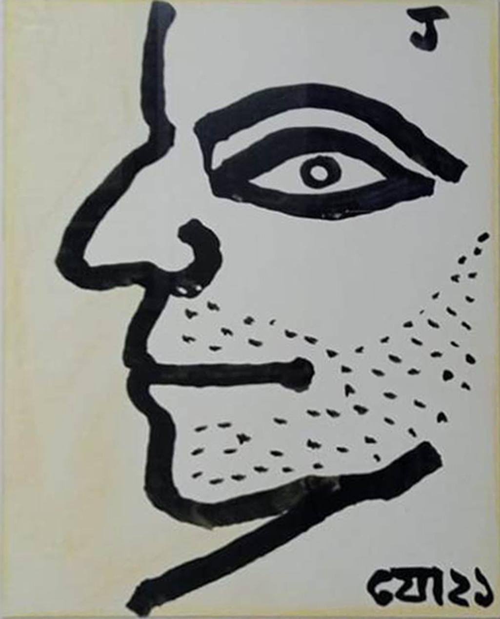 Face, Black & White Ink & Pastel on Paper by Modern Indian Artist 
