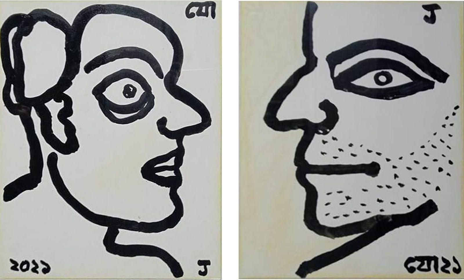 Jogen Chowdhury - Untitled - 10.8 x 8.5 inches (unframed size)  
Ink & Pastel on Paper, 2021 (each)
Set of 2 works
Signed in Bengali

Style : He has immense contribution in inspiring young artists of India. Jogen Chowdhury had developed his