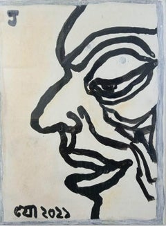 Face, Black & White Ink & Pastel on Paper by Modern Indian Artist "In Stock"