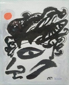 Face, encre noire et blanche et pastel sur papier de l'artiste indien moderne « en stock »