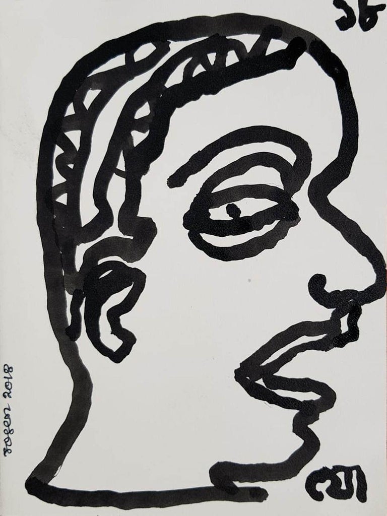 Jogen Chowdhury  Figurative Painting - Face, Drawing, Ink on Paper by Modern Indian Artist "In Stock"
