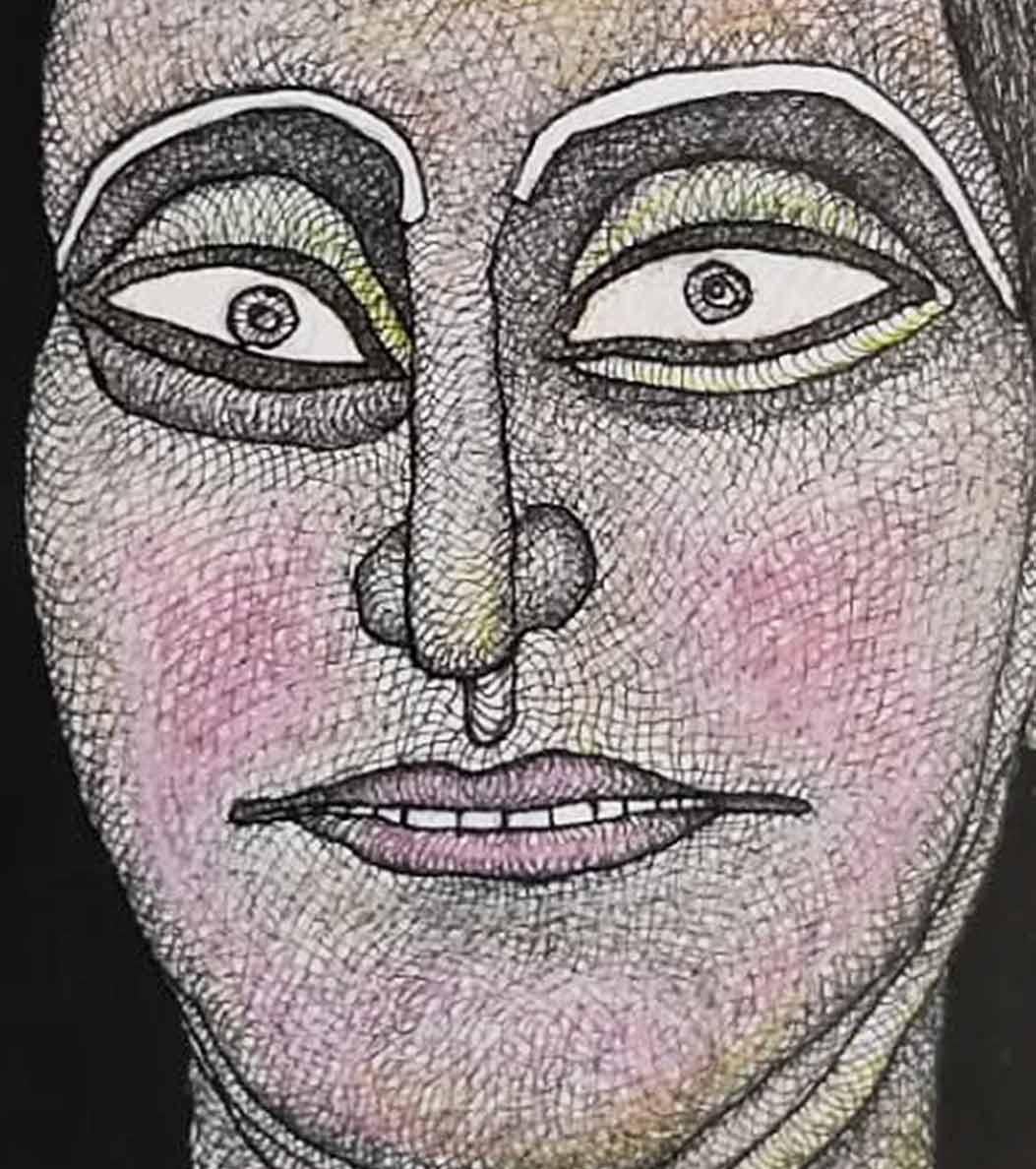 Face, homme, encre, aquarelle, pastel sur papier, rose, marron, artiste indien « en stock » - Painting de Jogen Chowdhury 