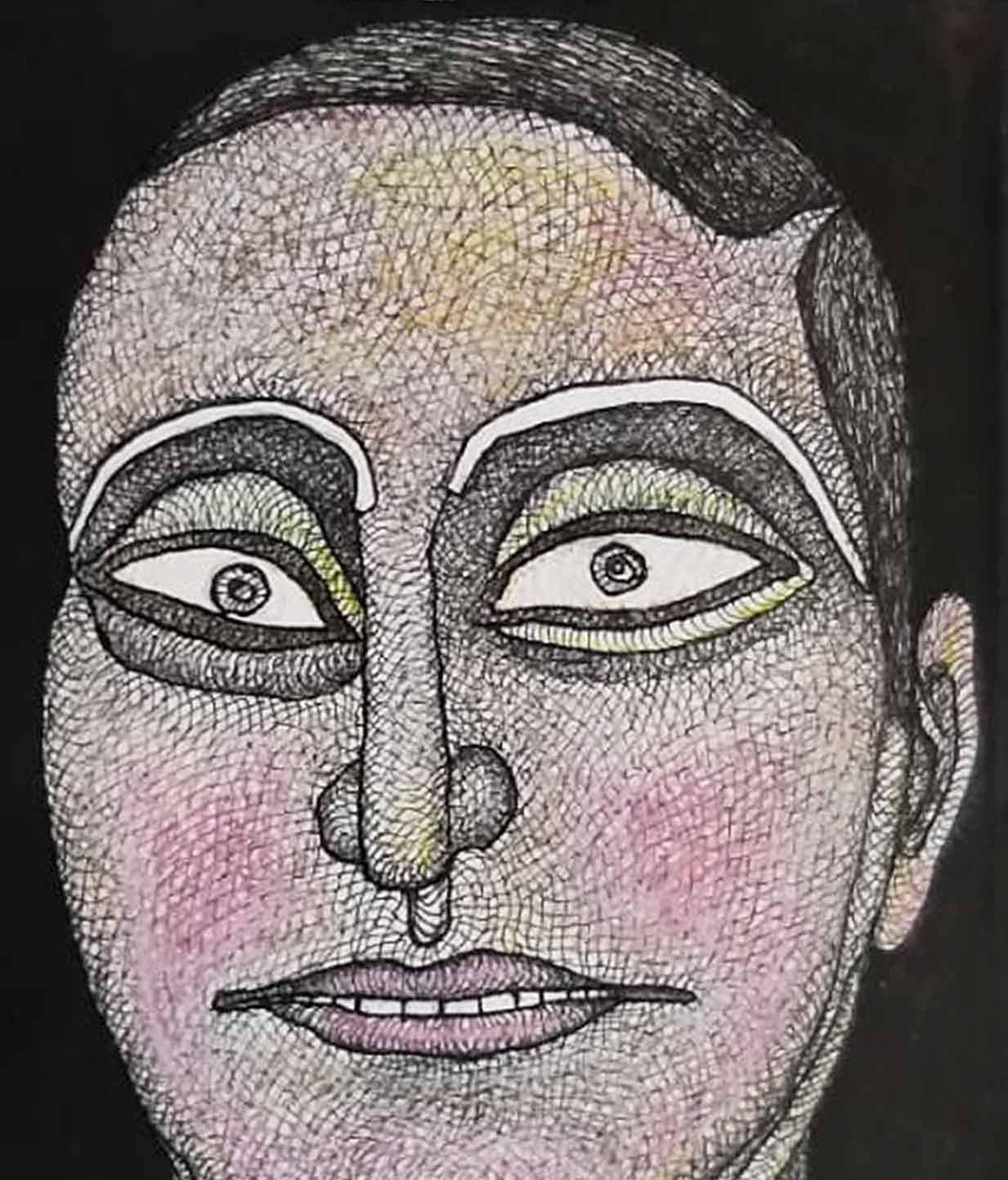 Face, homme, encre, aquarelle, pastel sur papier, rose, marron, artiste indien « en stock » - Moderne Painting par Jogen Chowdhury 
