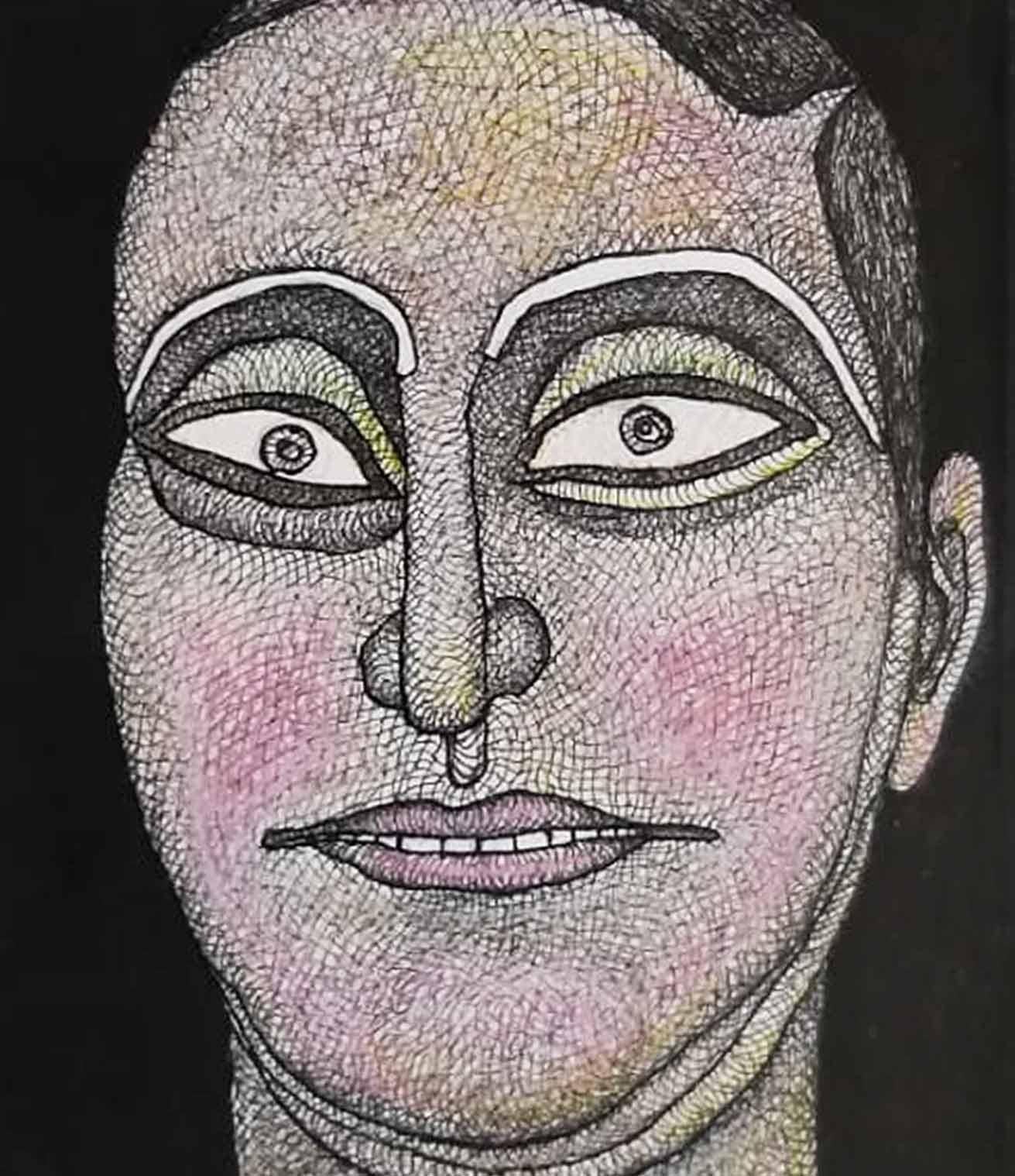 Face, homme, encre, aquarelle, pastel sur papier, rose, marron, artiste indien « en stock » - Noir Portrait Painting par Jogen Chowdhury 