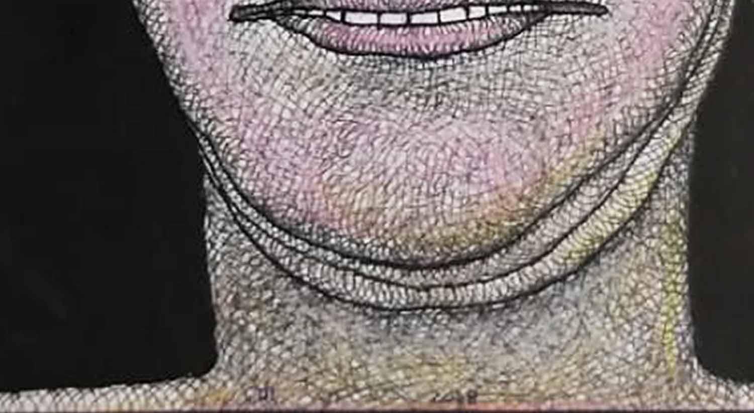 Face, homme, encre, aquarelle, pastel sur papier, rose, marron, artiste indien « en stock » 2