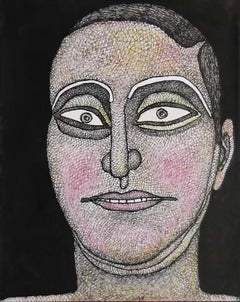 Face, homme, encre, aquarelle, pastel sur papier, rose, marron, artiste indien « en stock »