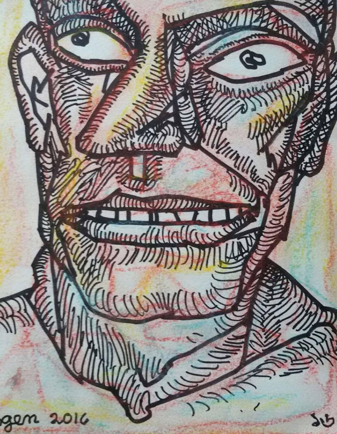 Face of a Man, Ink & Pastel on paper, Pink, Brown by Indian Artist 