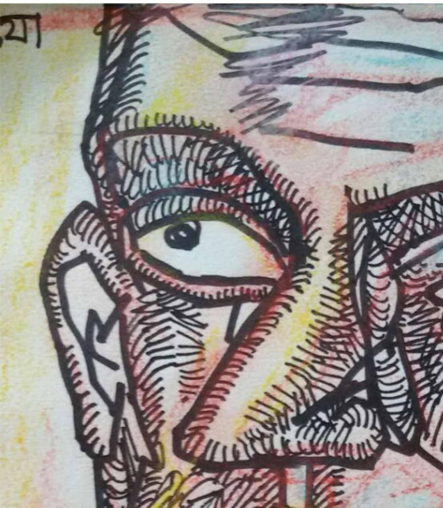 Face of a Man, Ink & Pastel on paper, Pink, Brown by Indian Artist 