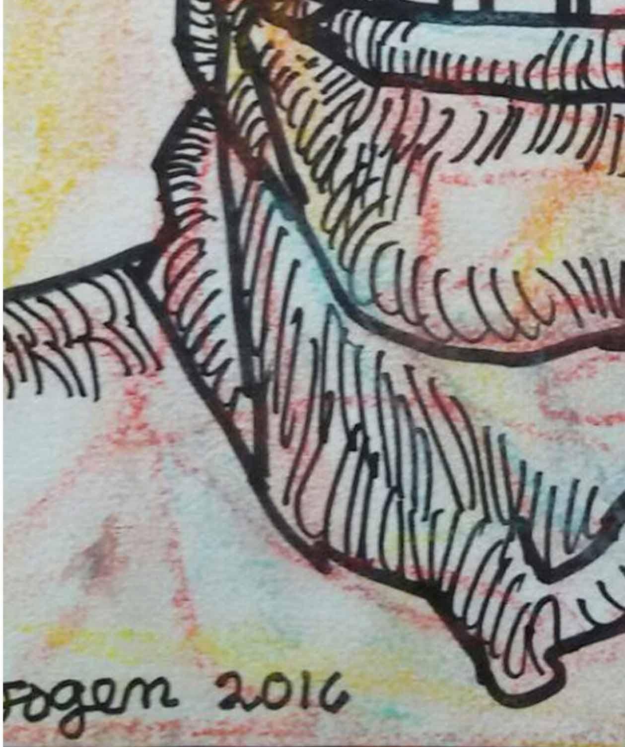 Face of a Man, Ink & Pastel on paper, Pink, Brown by Indian Artist 