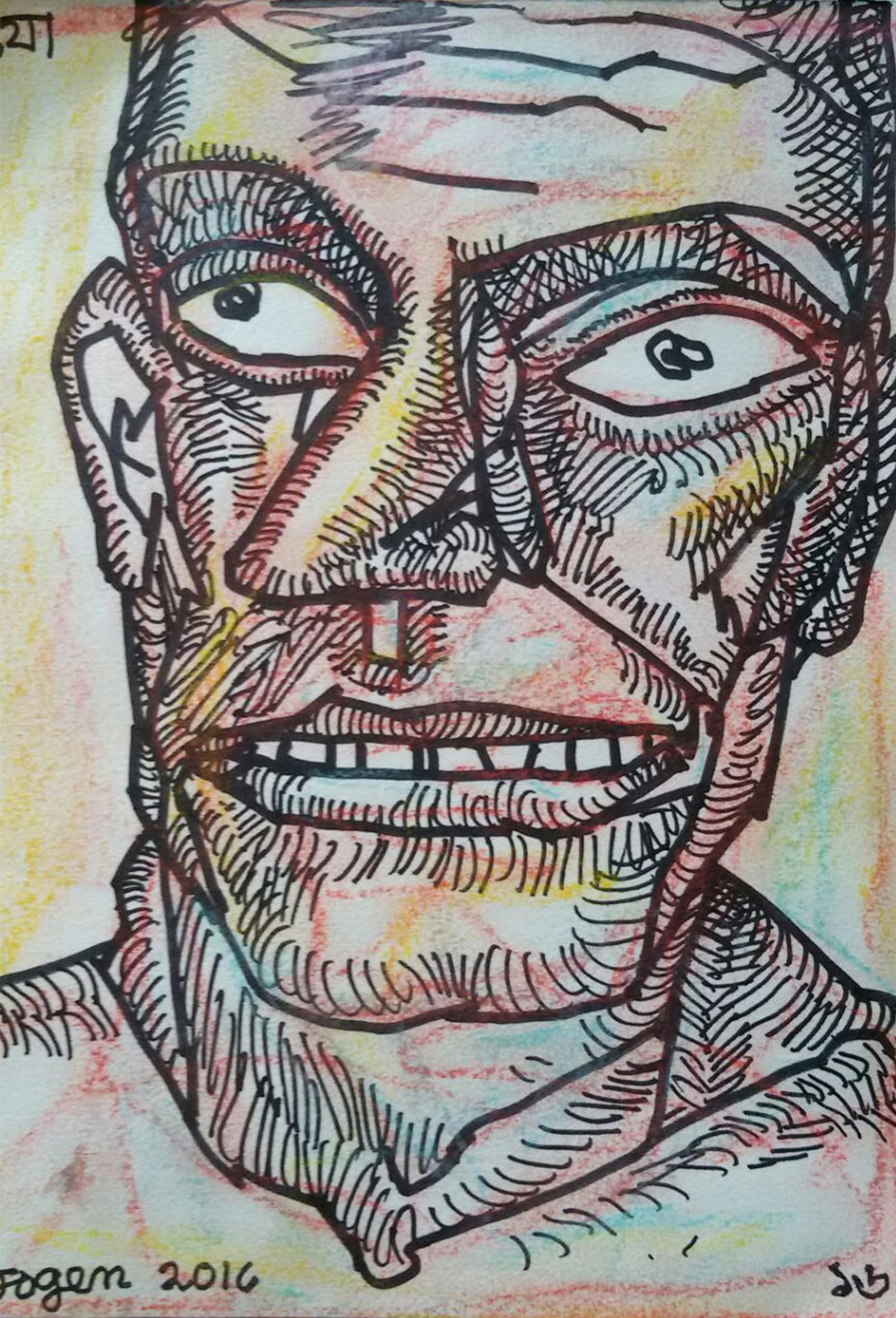 Jogen Chowdhury  Portrait Painting - Face of a Man, Ink & Pastel on paper, Pink, Brown by Indian Artist "In Stock"