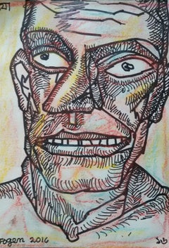 Face of a Man, Ink & Pastel on paper, Pink, Brown by Indian Artist "In Stock"