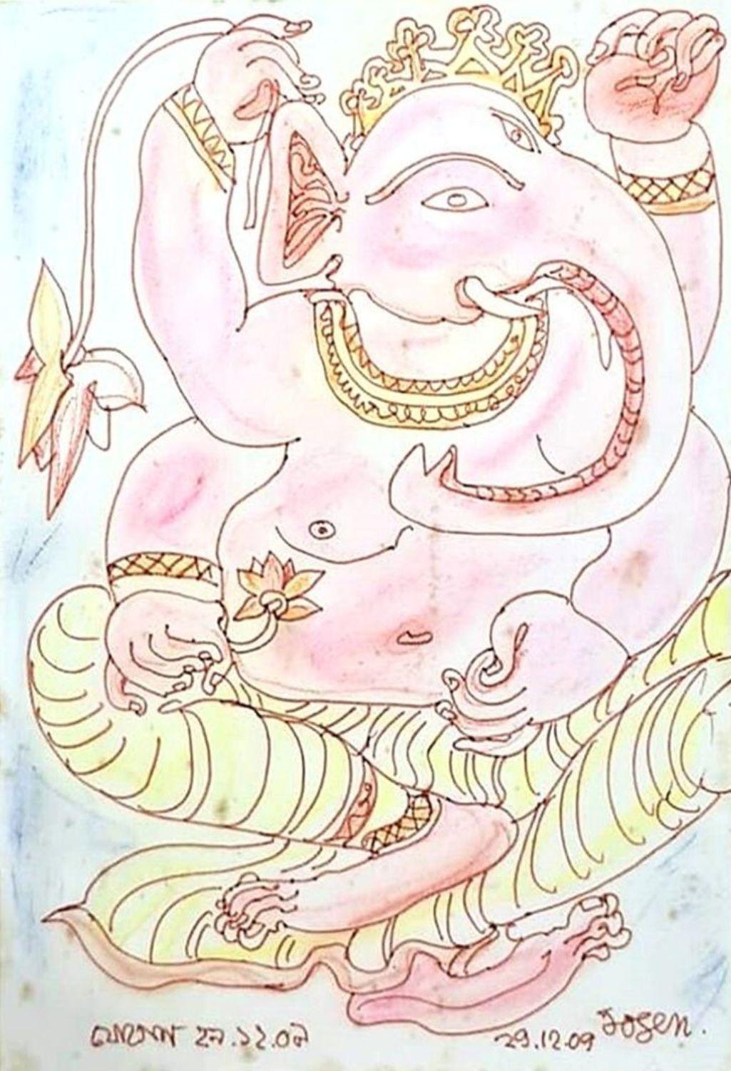 Jogen Chowdhury - Ganesha - 16.5 x 12 Inches (unframed)  
Dry Pastel on Paper (Framed & Delivered)

In the Hindu epic Mahabharata, Bakasur is a Rakshasa (demon) killed by Bhima. The demon lived near the city of Ekachakra (sometimes Chakranagari),