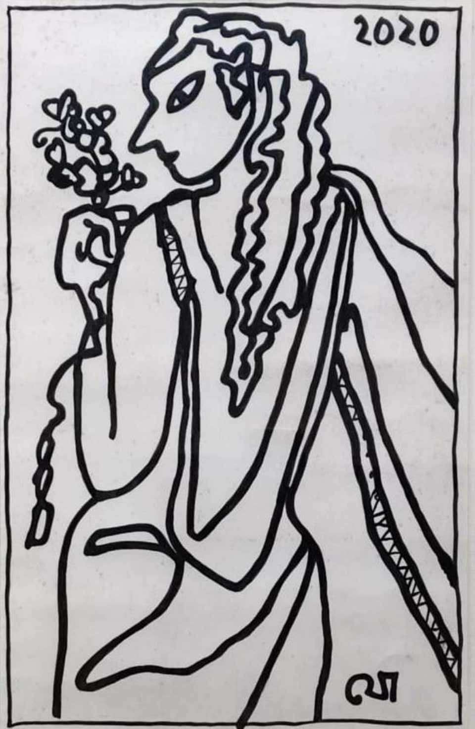 Girl with the flowers, Figurative, Ink on Paper by Jogen Chowdhury "In Stock"