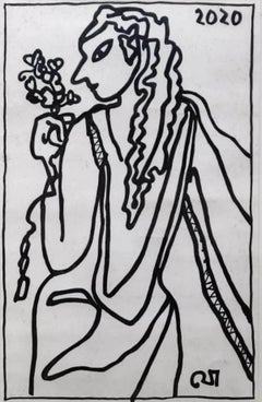 Fille avec les fleurs, figuratif, encre sur papier par Jogen Chowdhury "En stock"