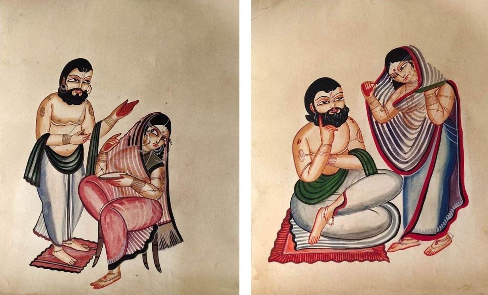 Old Kalighat Pat Paintings, Gouache on Paper (Set of 2 works) by Modern Artist - Mixed Media Art by Jogen Chowdhury 
