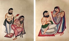 Old Kalighat Pat Paintings, Gouache on Paper (Set of 2 works) by Modern Artist
