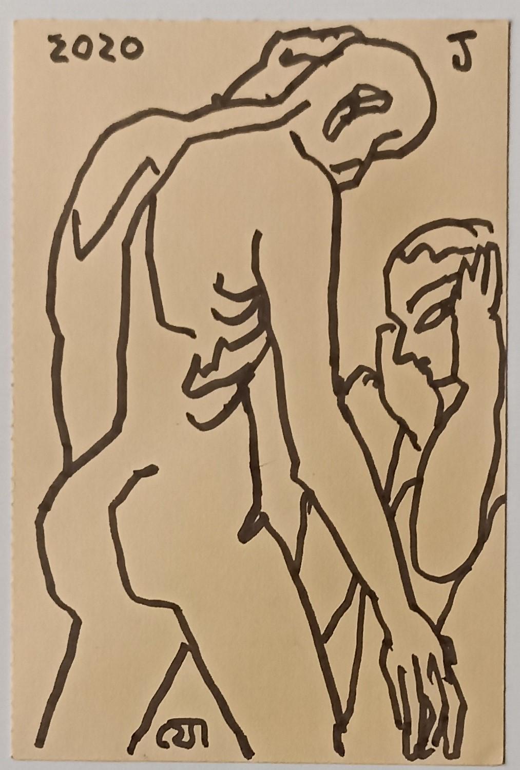 Jogen Chowdhury
Sans titre, encre sur papier
 6 x 4 pouces , 2020
 ( encadré et livré )

Style : Il a énormément contribué à inspirer les jeunes artistes indiens. Jogen Chowdhury avait développé son style individuel après son retour de Paris. Ses