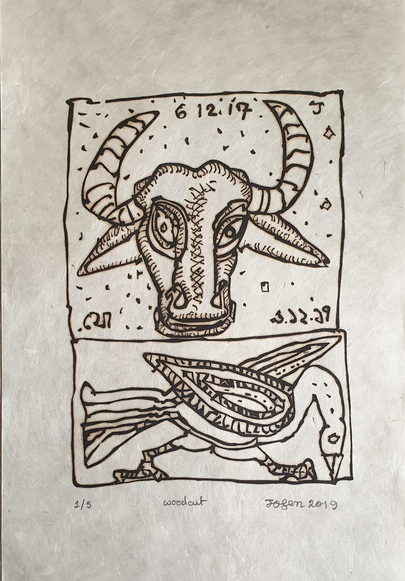 Untitled, Figurative, Woodcut on Paper (Set of 5) Modern Artist Jogen Chowdhury - Painting by Jogen Chowdhury 