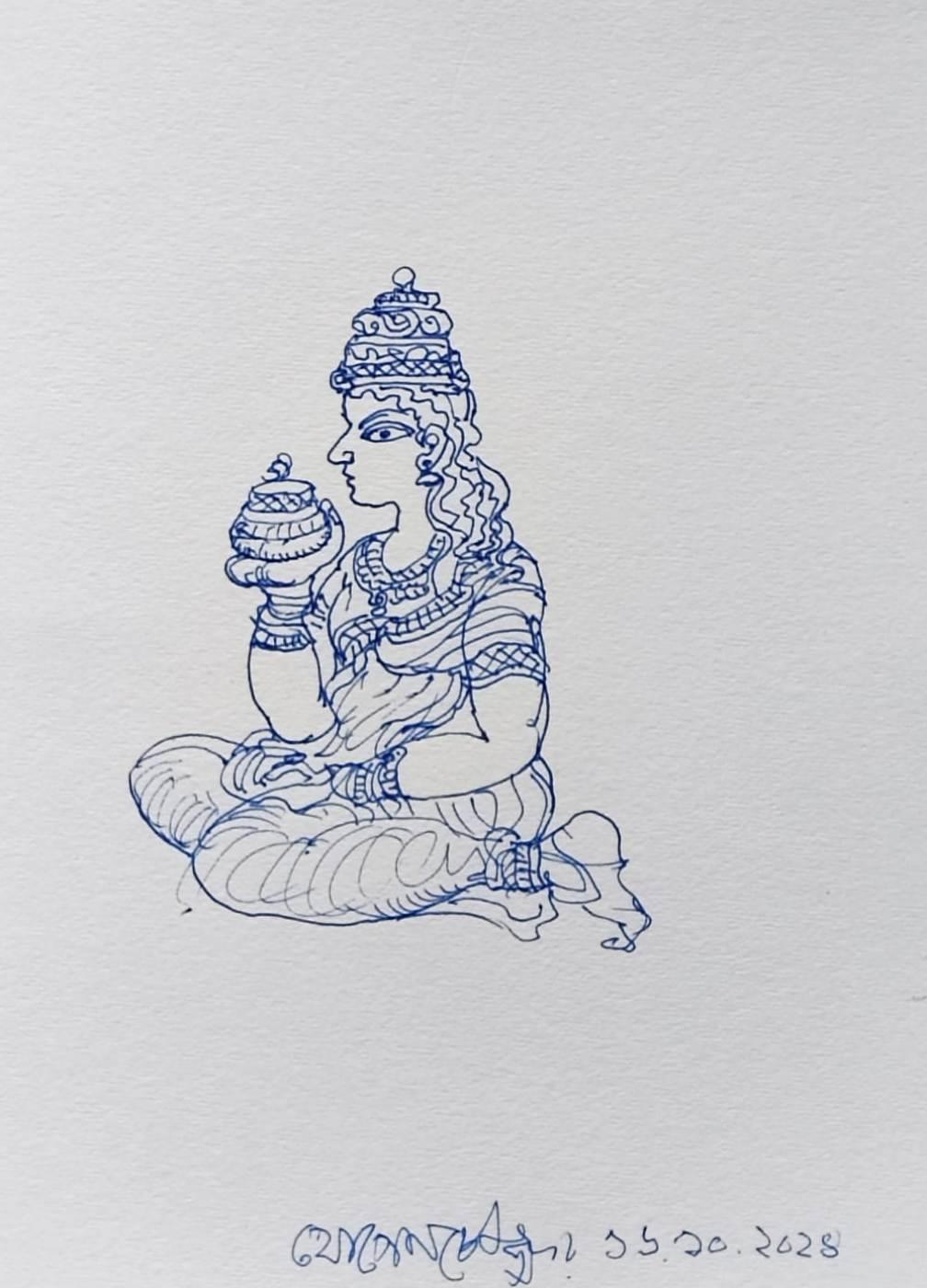 Senza titolo, Laxmi, Figurativo, Penna e Inchiostro su carta di Jogen Chowdhury "In stock"