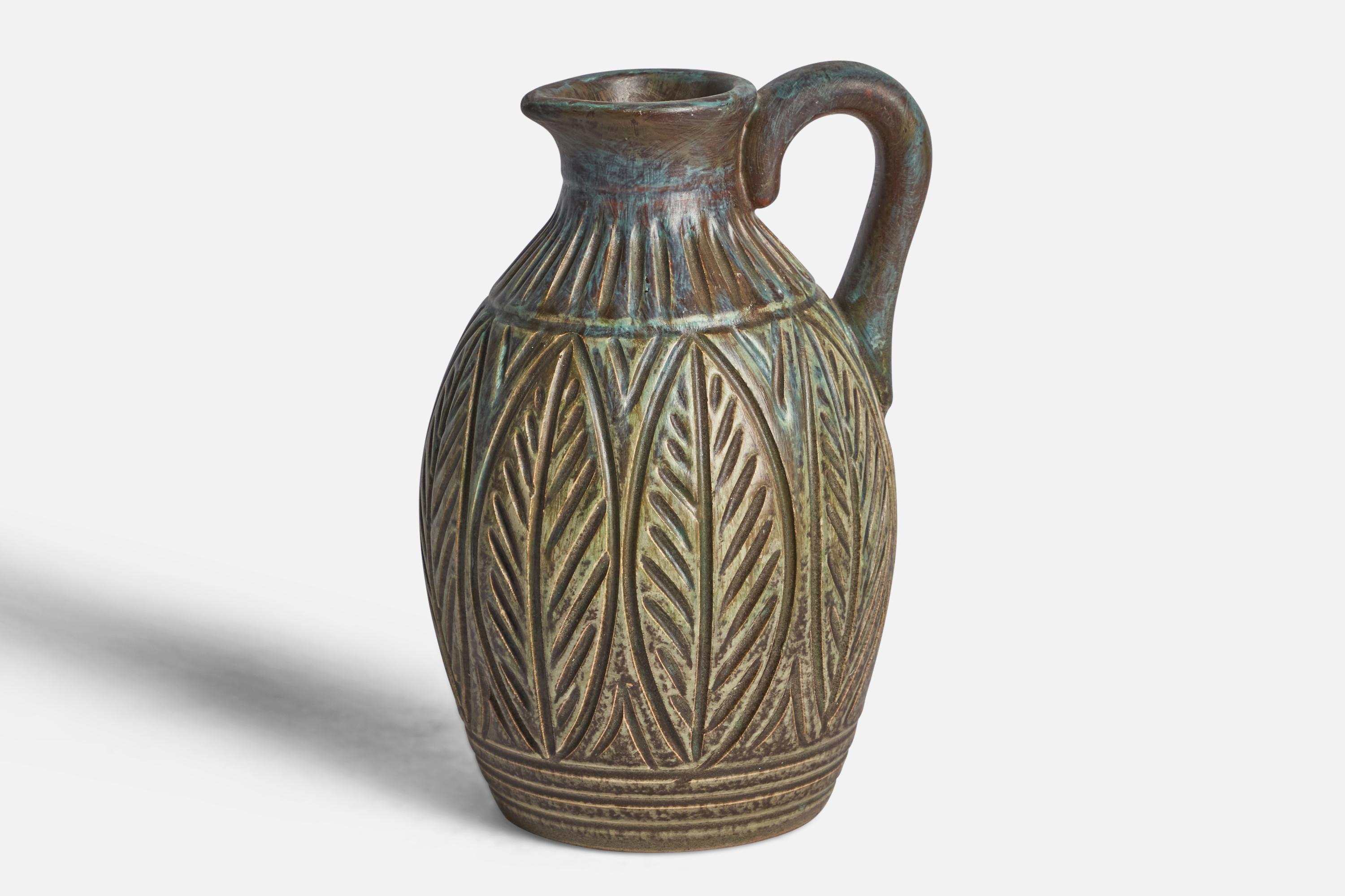An incised green and grey-glazed stoneware vase designed and produced by Joghus Keramik, Bornholm, Denmark, c. 1950s.
