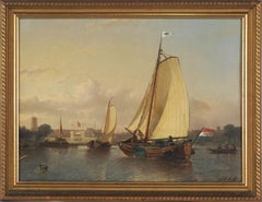Late 19th Century Oil Painting of Dutch Waterway Landscape