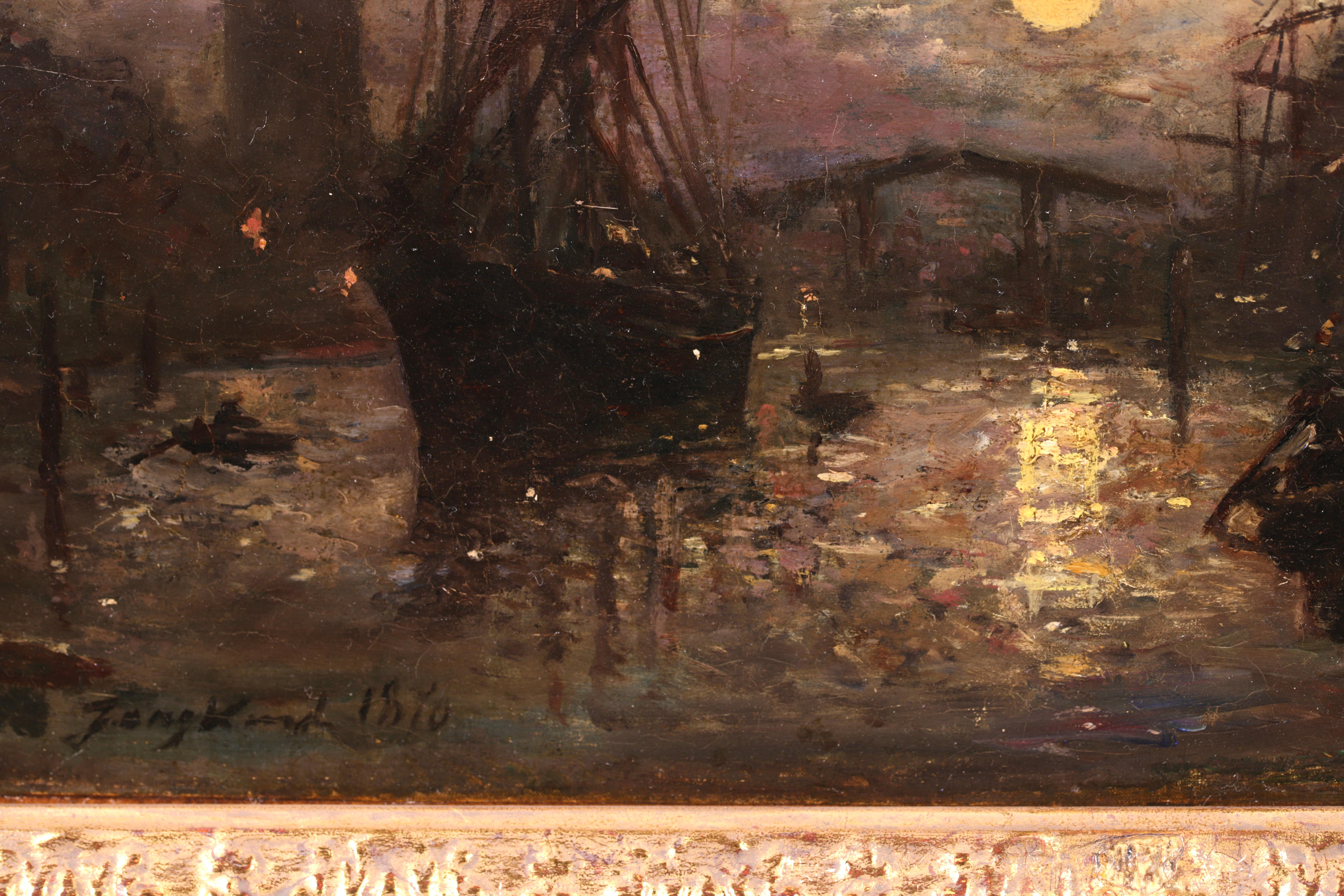 Bateaux sur le Canal - Impressionist Landscape Oil by Johan Barthold Jongkind For Sale 10