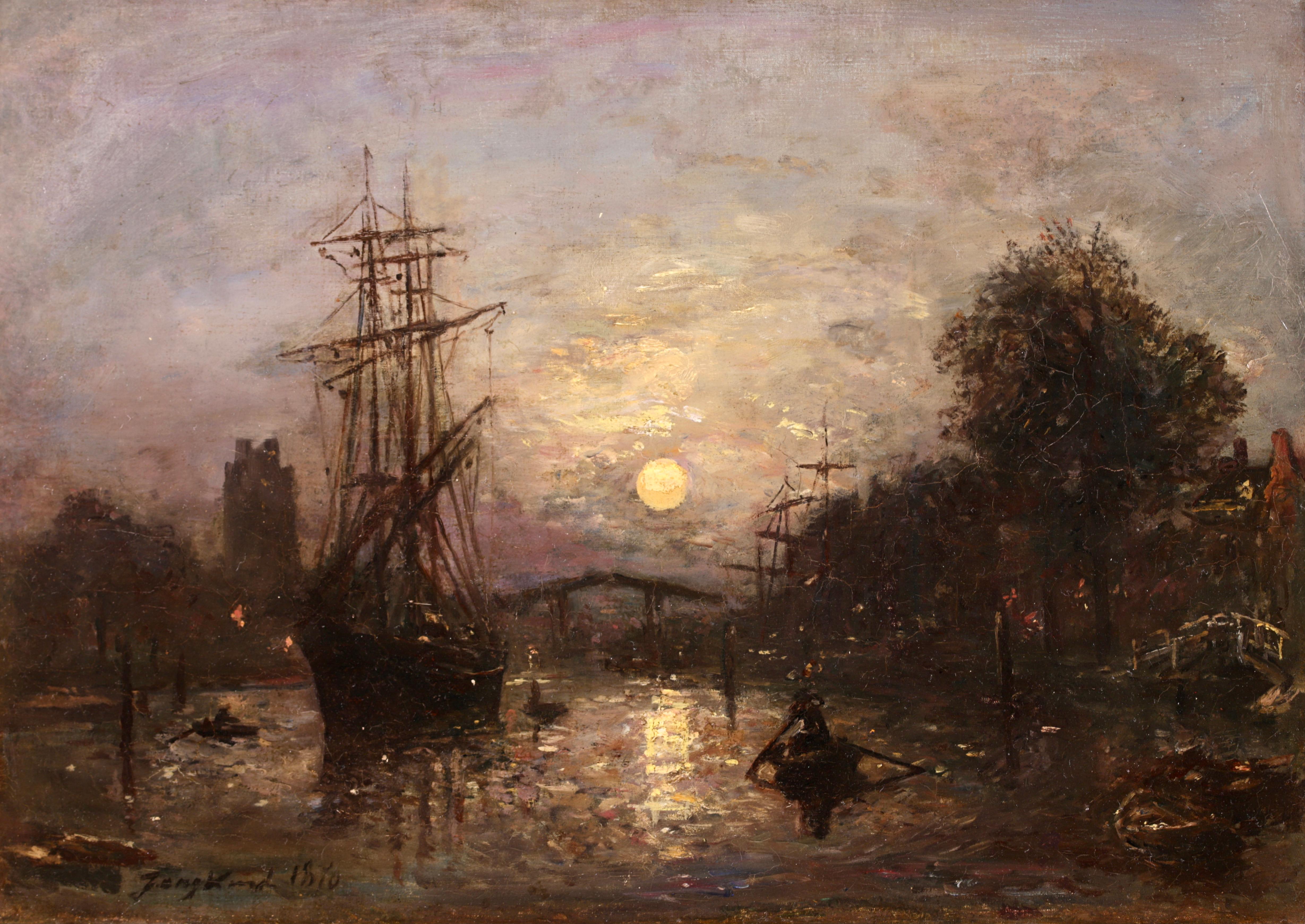 Bateaux sur le Canal - Impressionist Landscape Oil by Johan Barthold Jongkind For Sale 1