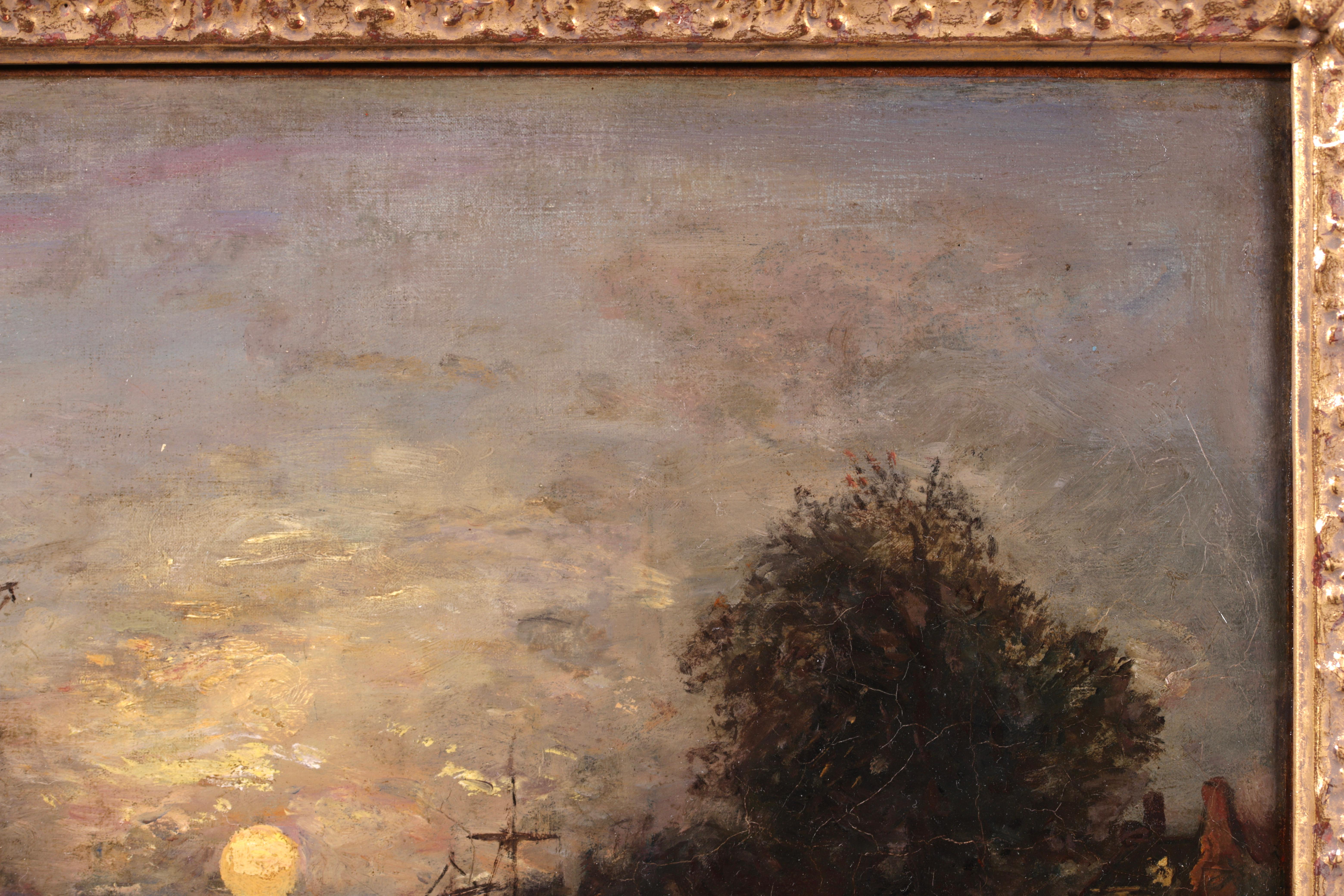 Bateaux sur le Canal - Impressionist Landscape Oil by Johan Barthold Jongkind For Sale 2