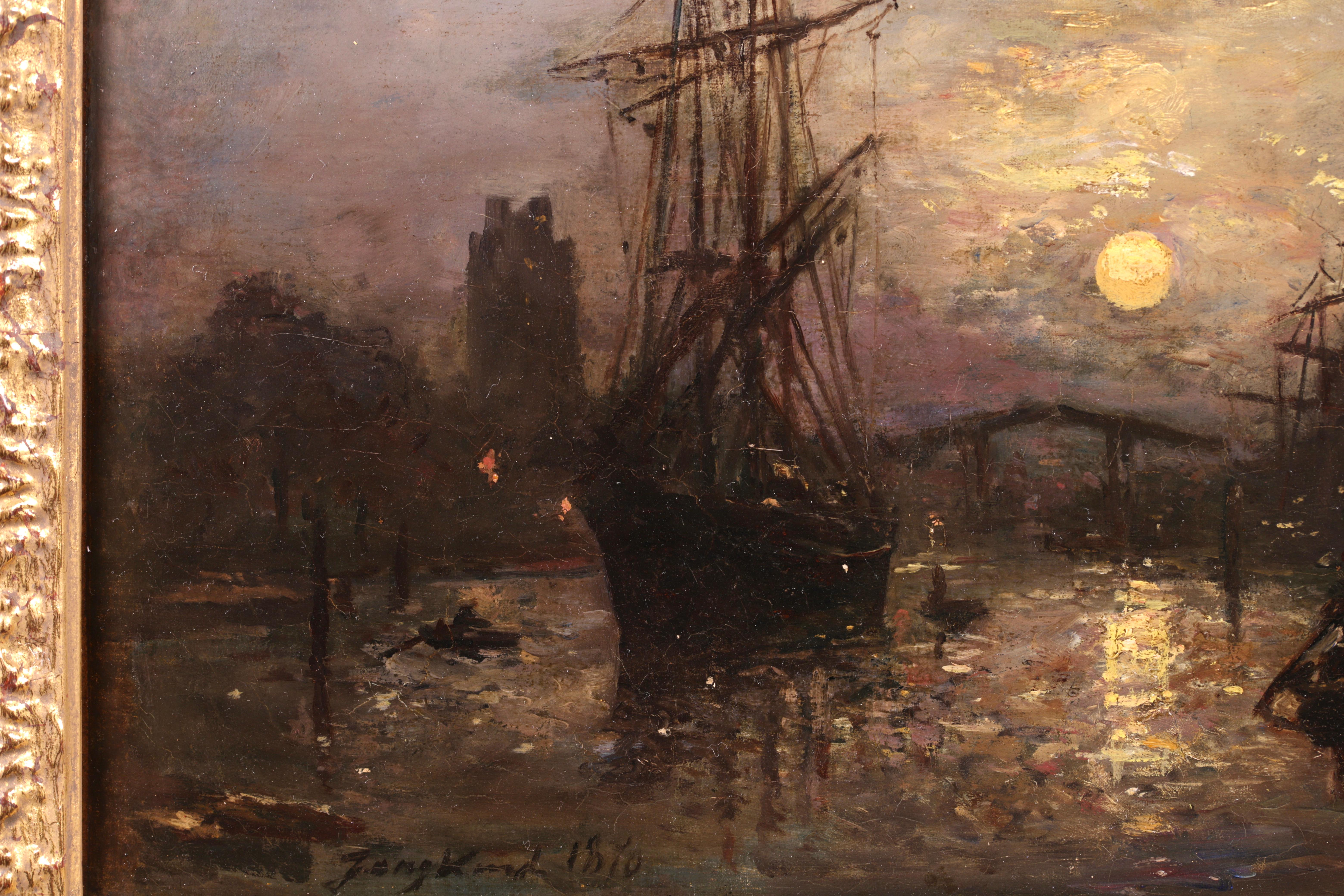 Bateaux sur le Canal - Impressionist Landscape Oil by Johan Barthold Jongkind 1