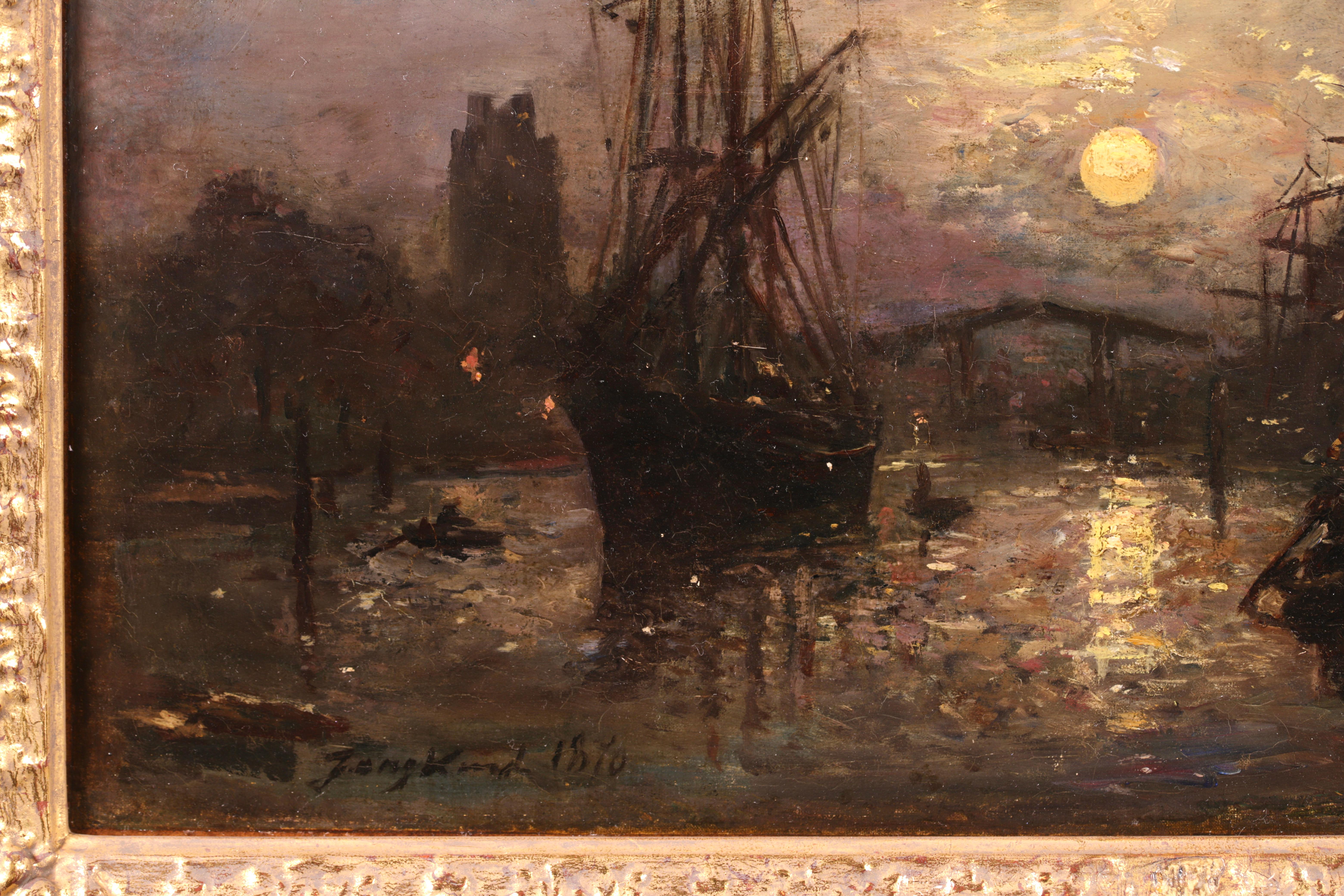 Bateaux sur le Canal - Impressionist Landscape Oil by Johan Barthold Jongkind For Sale 5