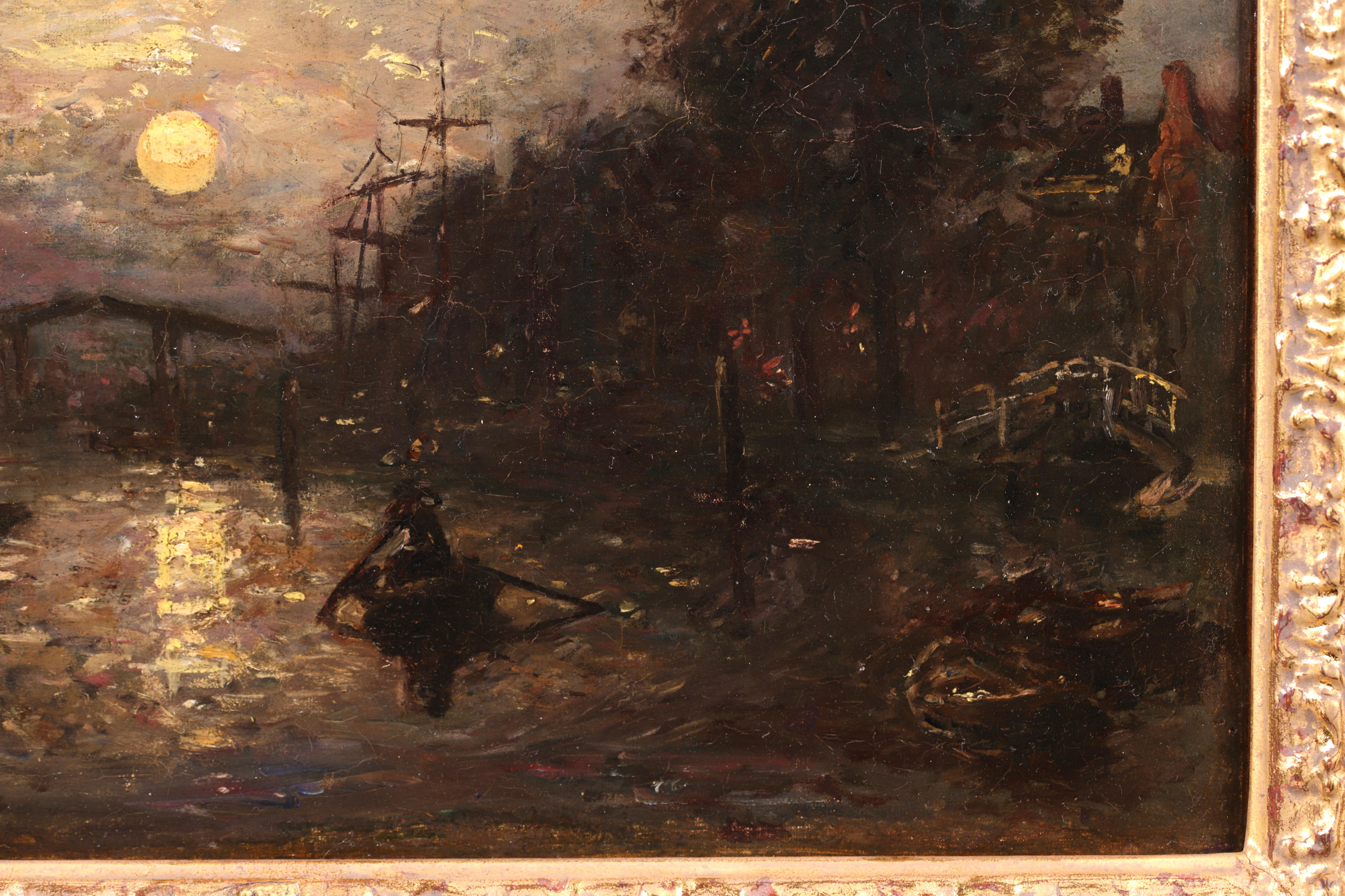 Bateaux sur le Canal - Impressionist Landscape Oil by Johan Barthold Jongkind For Sale 7