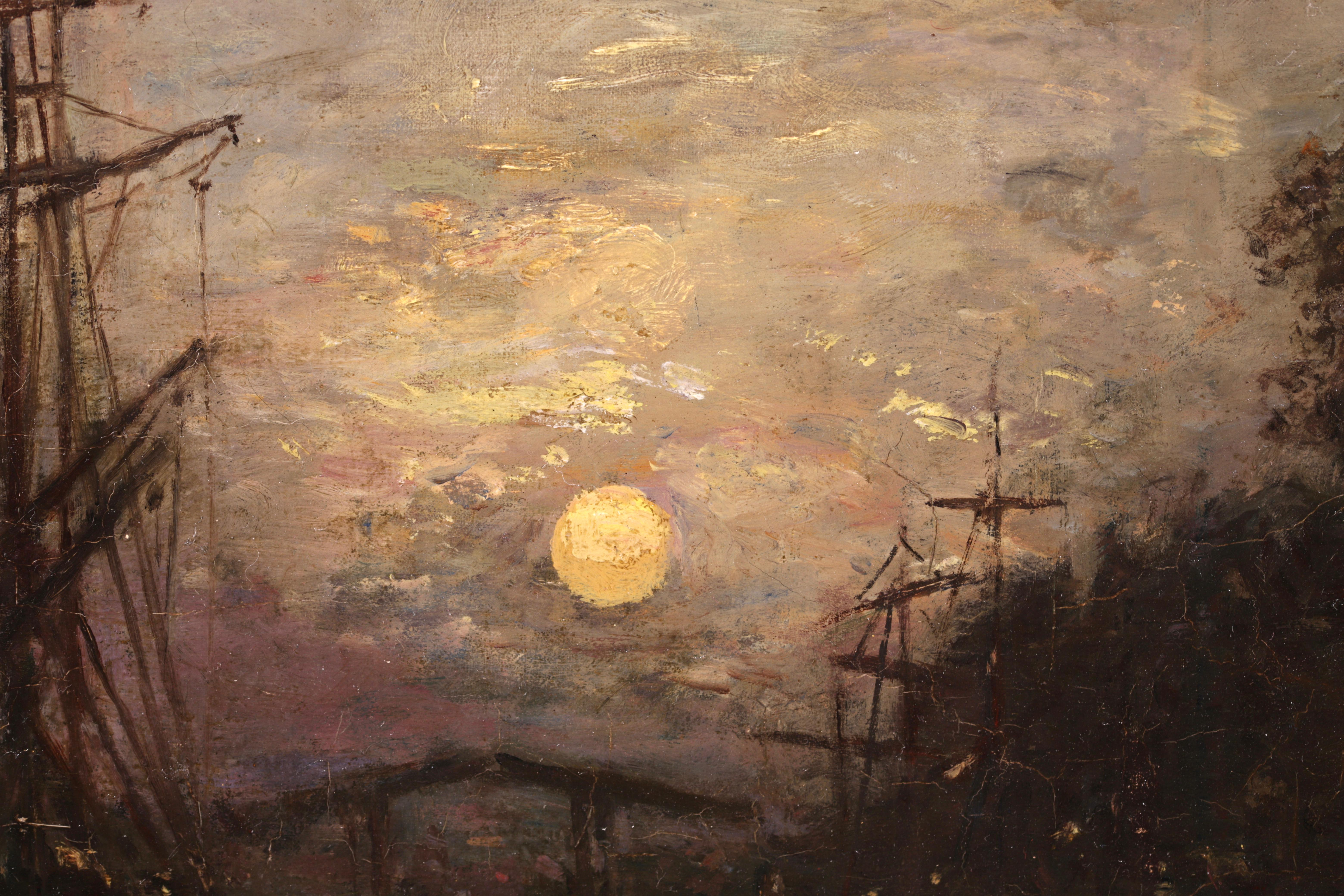 Bateaux sur le Canal - Impressionist Landscape Oil by Johan Barthold Jongkind For Sale 8