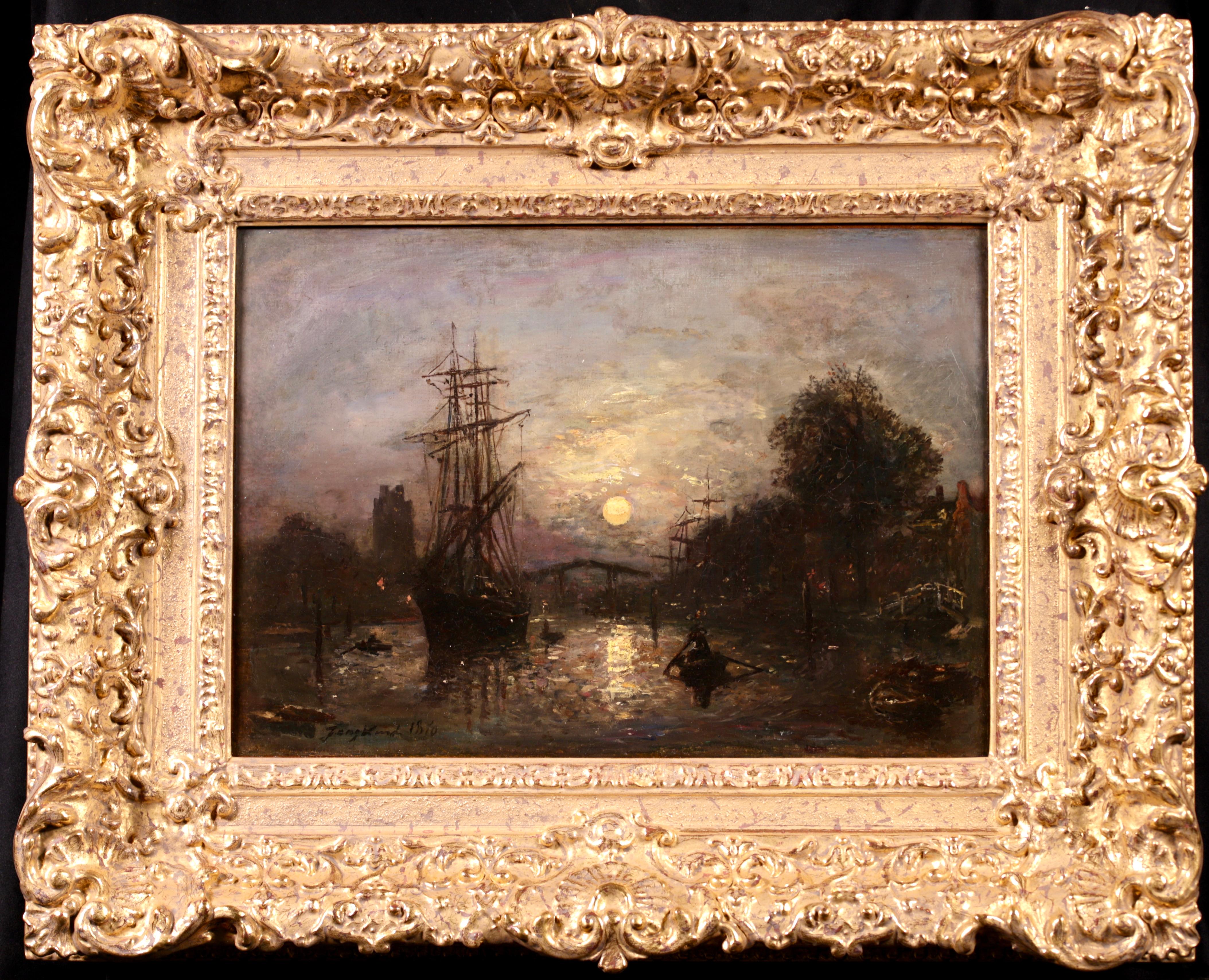 Signed and dated riverscape oil on canvas circa 1870 by Dutch impressionist painter Johan Barthold Jongkind. The work depicts boats sailing on the Dordrecht canal in the Netherlands. To the left the stands the tall shadowy outline of a sail boat and