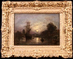 Vintage Bateaux sur le Canal - Impressionist Landscape Oil by Johan Barthold Jongkind