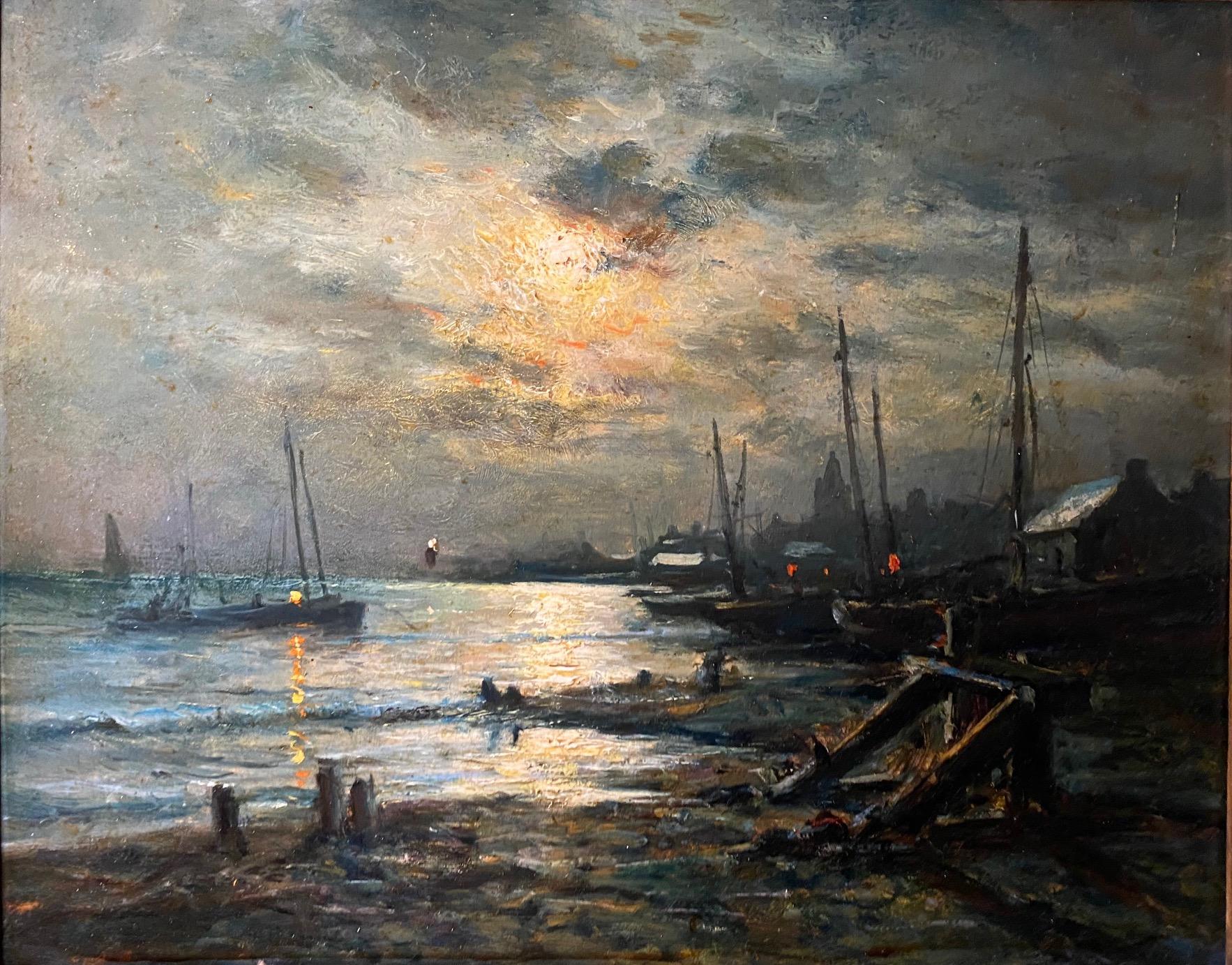 Nocturnal harbor att. to Johan Barthold Jongkind - Oil on wood 27x22 cm 1