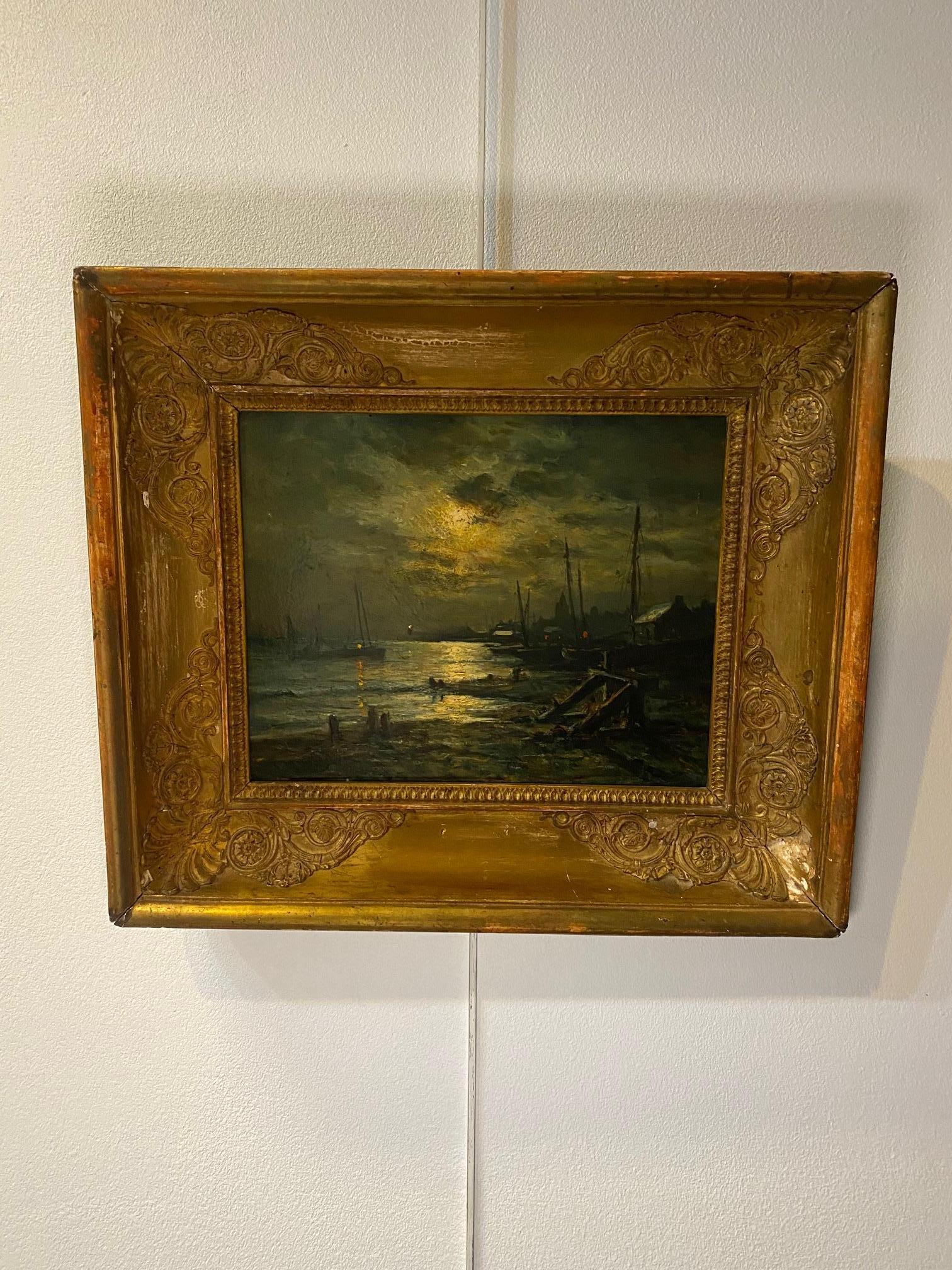 Nocturnal harbor att. to Johan Barthold Jongkind - Oil on wood 27x22 cm 2