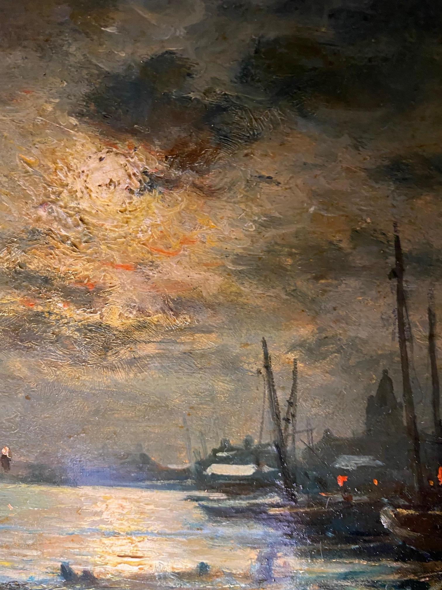 Nocturnal harbor att. to Johan Barthold Jongkind - Oil on wood 27x22 cm 3