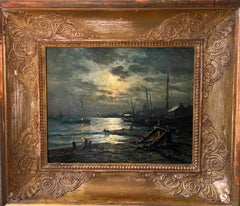 Nocturnal harbor att. to Johan Barthold Jongkind - Öl auf Holz 27x22 cm