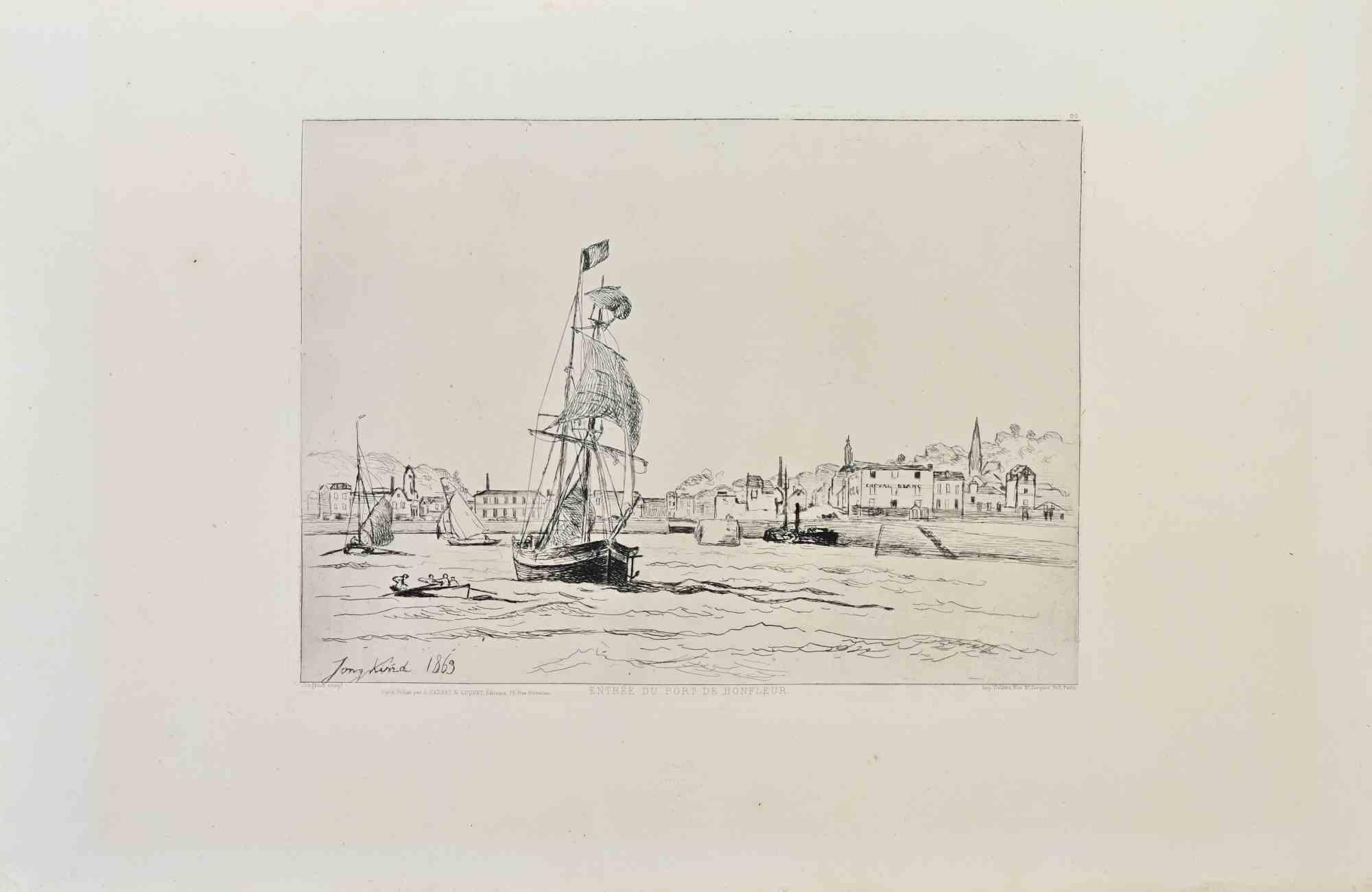 Landscape Print de Johan Barthold Jongkind - Entrada del Puerto de Honfleur - Aguafuerte de Jongkind - 1863