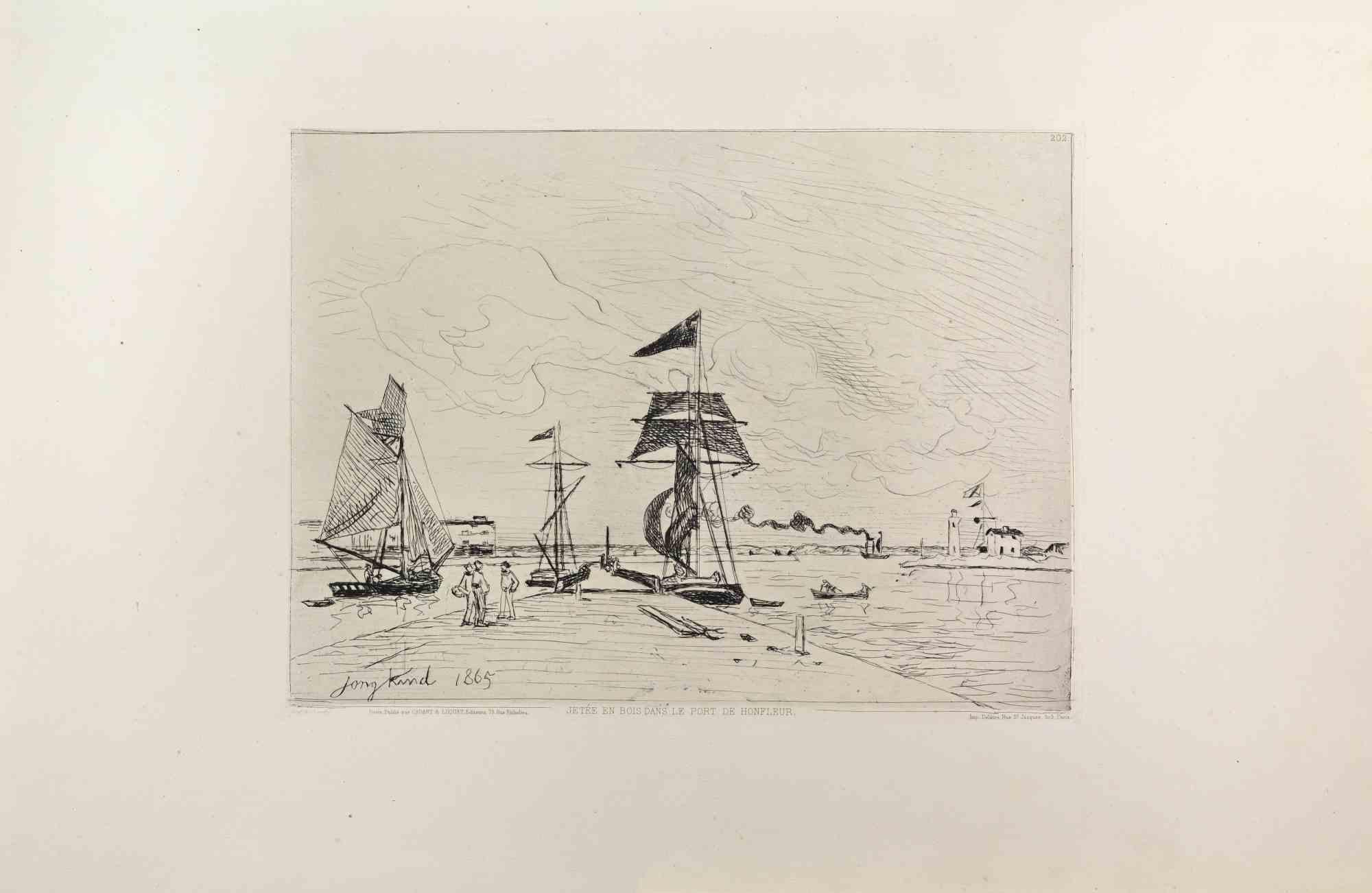 Johan Barthold Jongkind Figurative Print – Jetee en Bois dans le Port de Honleur – Radierung von Johan Barthold Jongkin – 1860er Jahre
