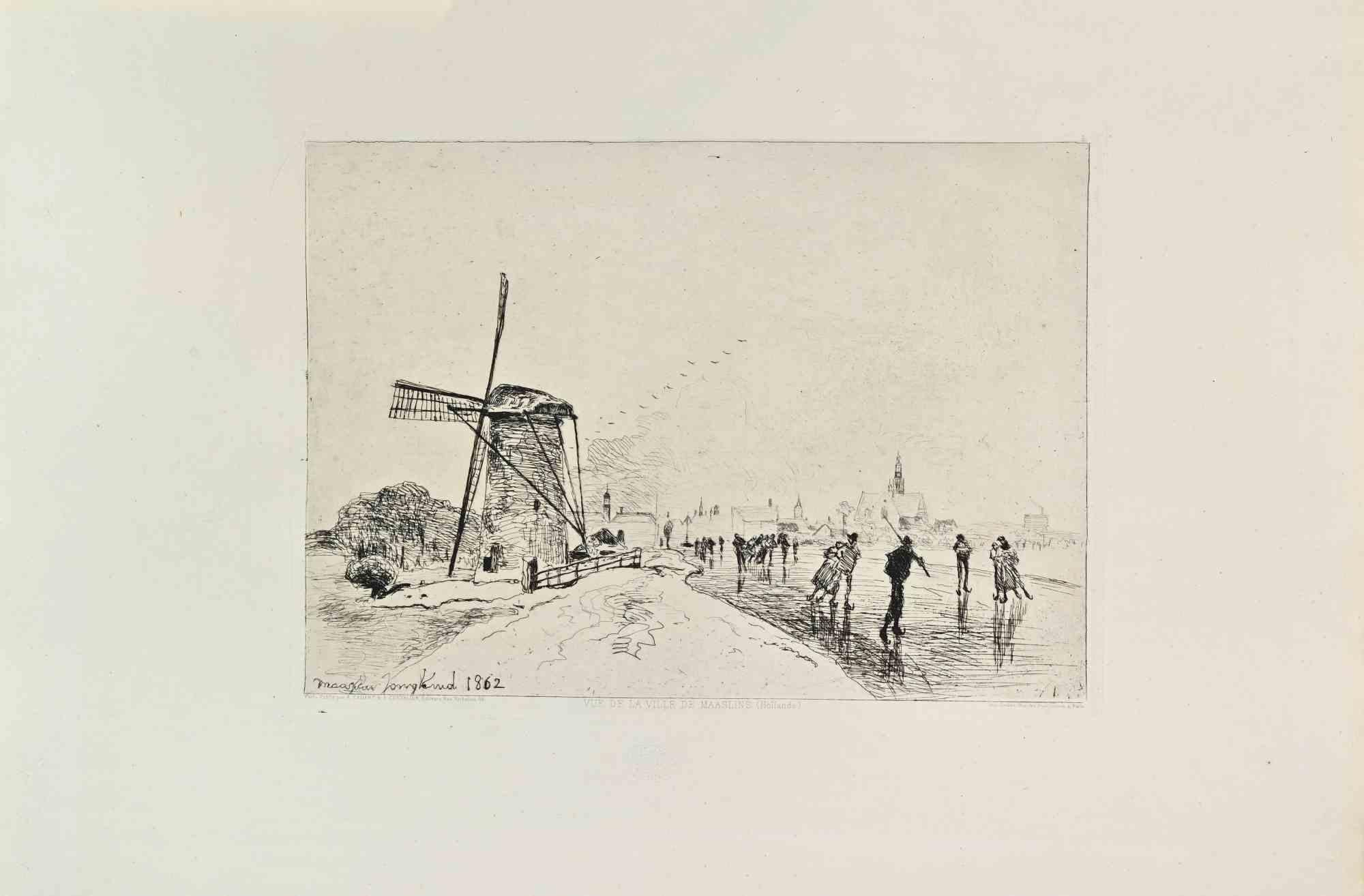 Etching on laid paper.

Signed and dated in plate lower left: maassluis Jongkind 1862
Published by Cadart &amp; Luquet, Éditeurs, 79 Rue Richelieu, Paris
With the blindstamp of the Société des Aquafortistes, lower margin
In Vue de la ville de