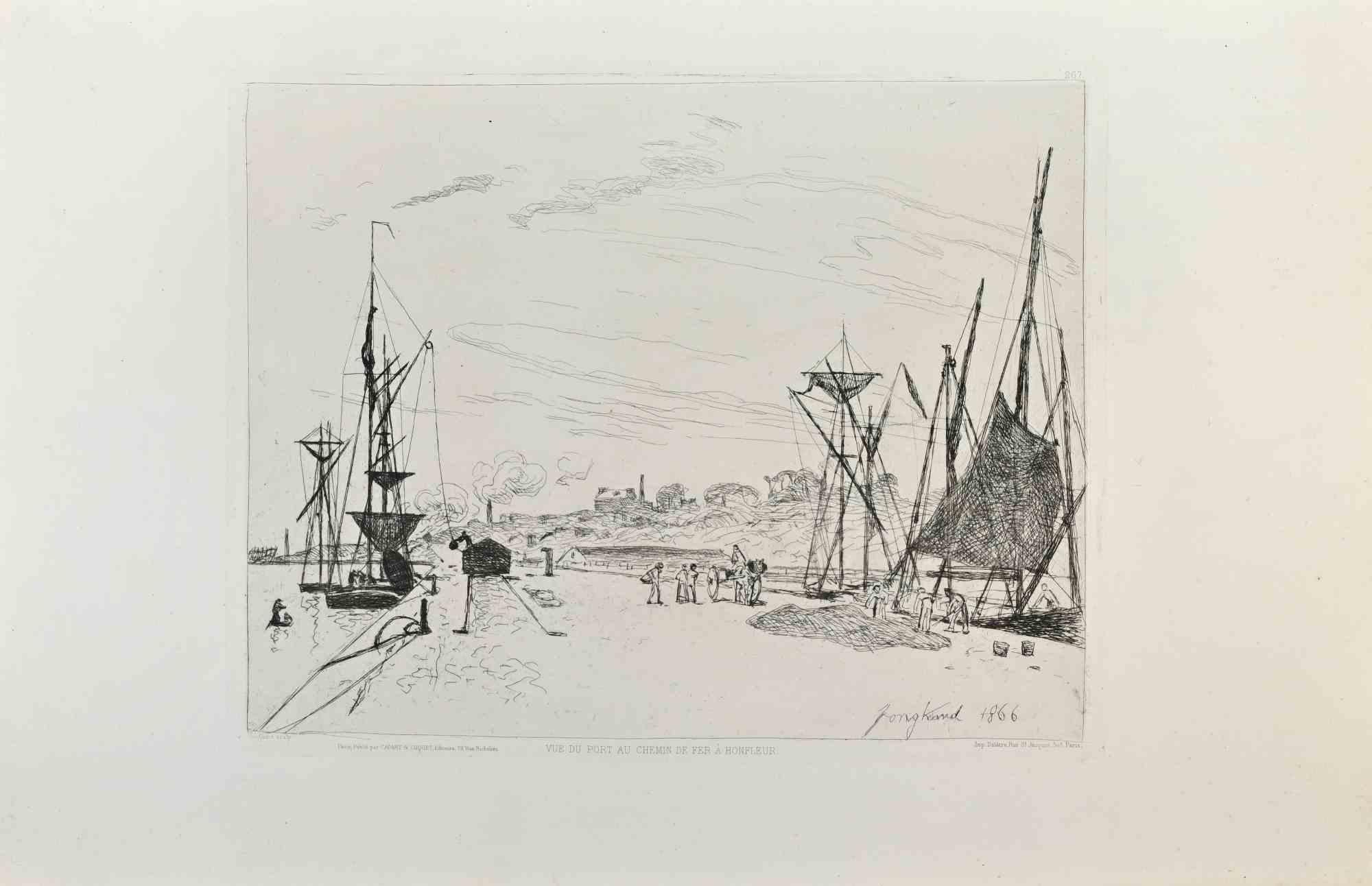 Johan Barthold Jongkind Figurative Print – Vue du Port au Chemin de Fer à Honfleur - Radierung von Johan B. Jongkind - 1870er Jahre