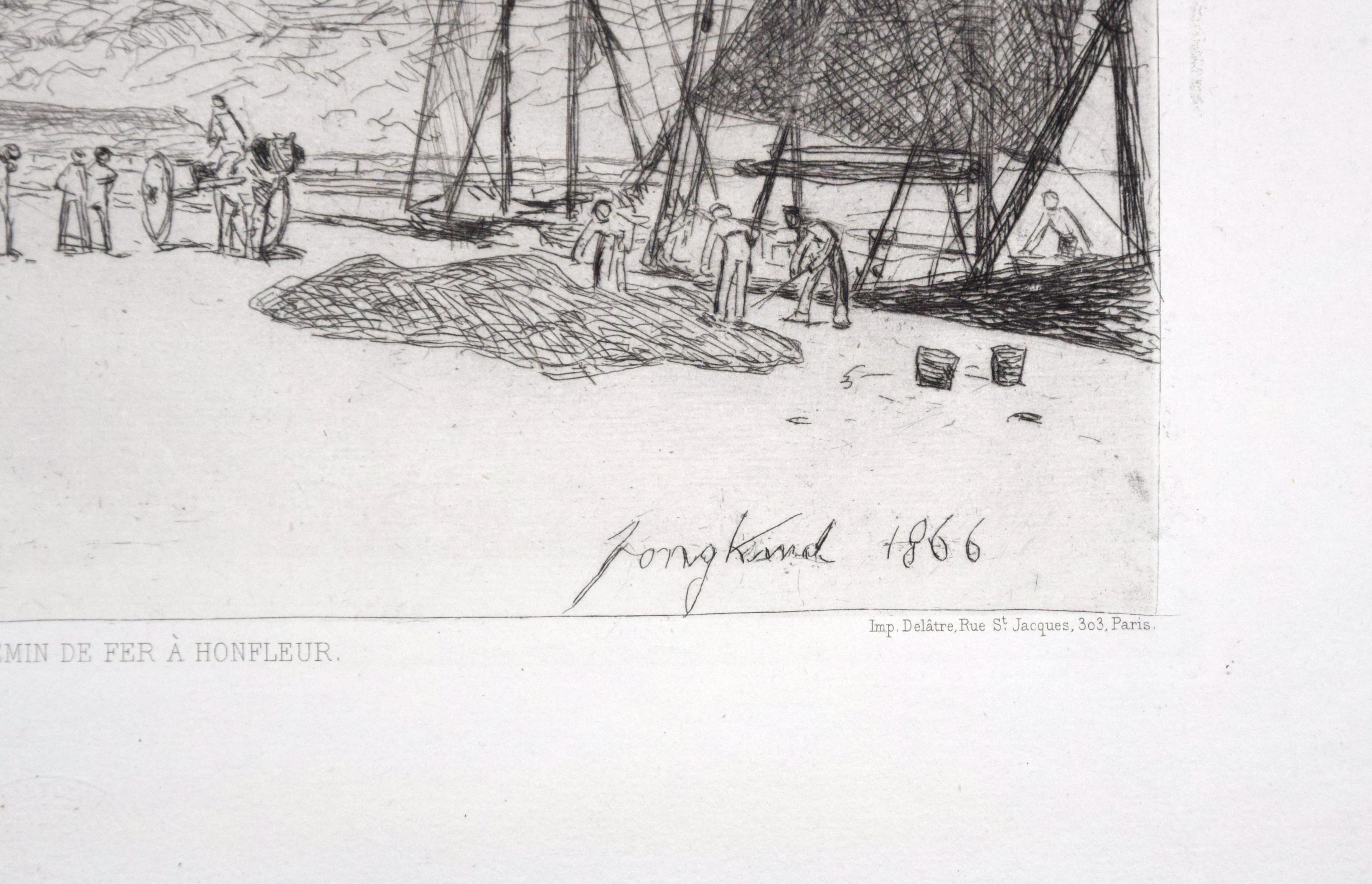 Vue du Port au Chemin de Fer à Honfleur - Gravure originale de J. B. Jongkind  - Print de Johan Barthold Jongkind
