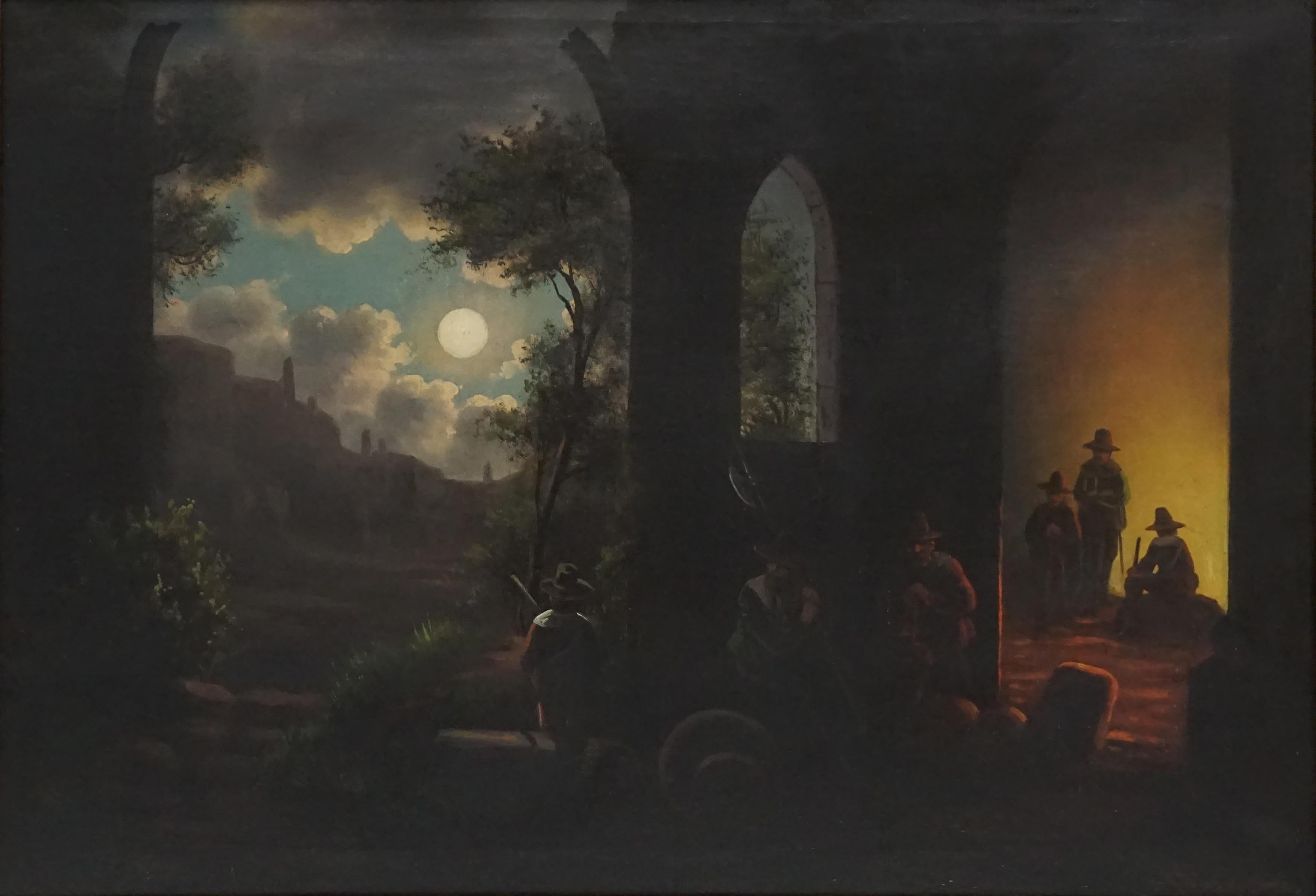 18th Century European School Figurative and Landscape Painting of Soldiers at Rest 

Evocative Dutch School painting of soldiers resting at end of day in old ruins, signed J. Kamp (Dutch, 19th Century), circa 1800s. In the general style of Johann