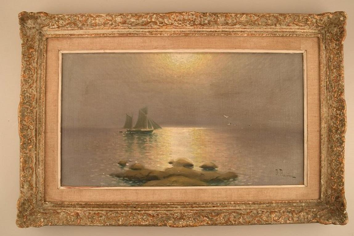 Johan Boström, a Swedish artist. Oil on canvas. 
Sail boat at sea. Early 20th century.
The canvas measures: 57 x 31 cm.
The frame measures: 9 cm.
In excellent condition.
Signed.