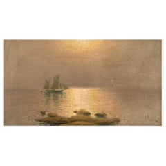 Johan Boström, Swedish Artist, Oil on Canvas, Sail Boat at Sea, Early 20th C