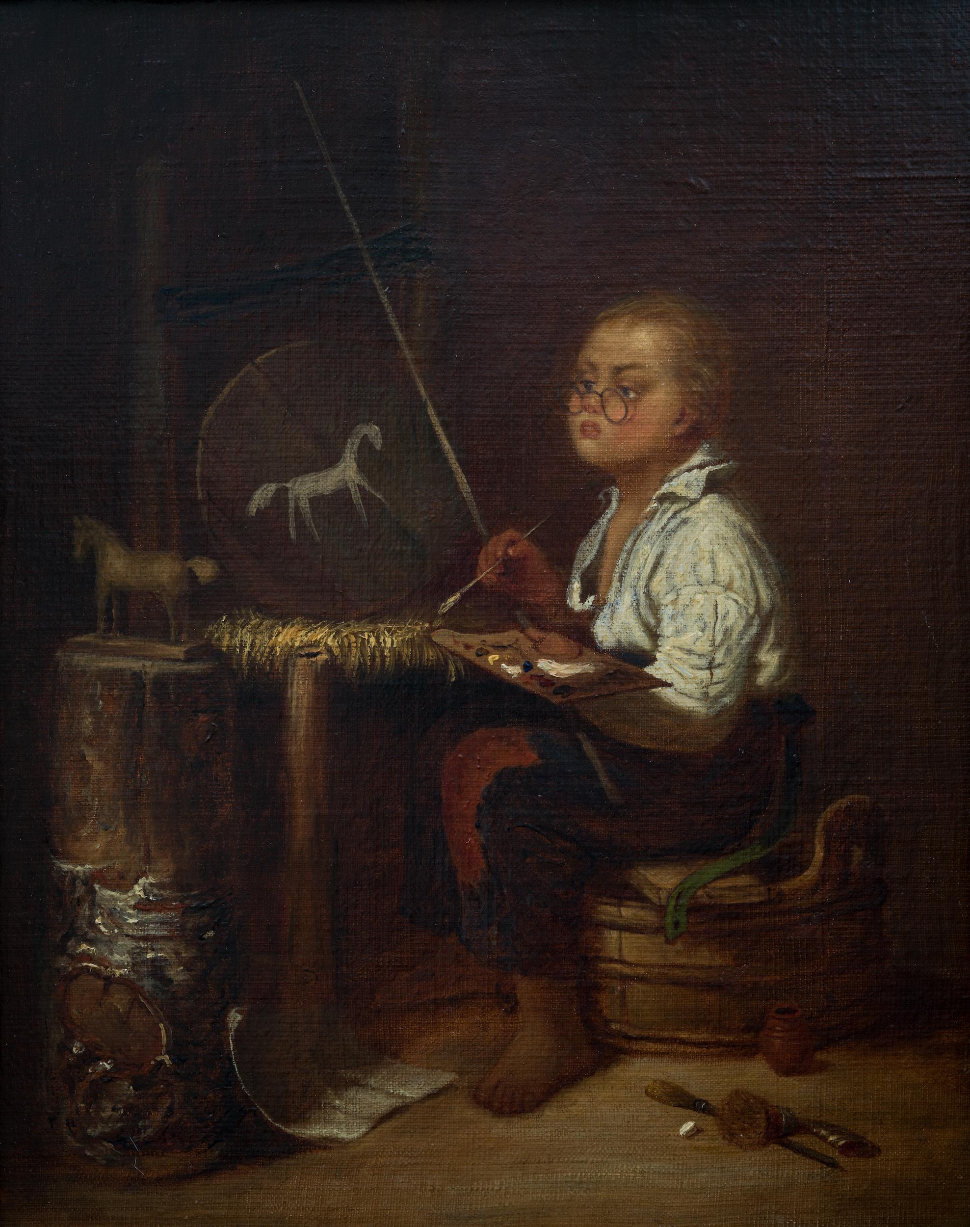 Wir stellen Ihnen ein fesselndes Ölgemälde von Johan Christoffer Boklund (1817-1880) vor. Das Kunstwerk zeigt einen kleinen Jungen, der seine Malfähigkeiten übt. Neben ihm sitzt ein Holzpferd, das er fleißig auf einer runden Holztafel nachbildet.