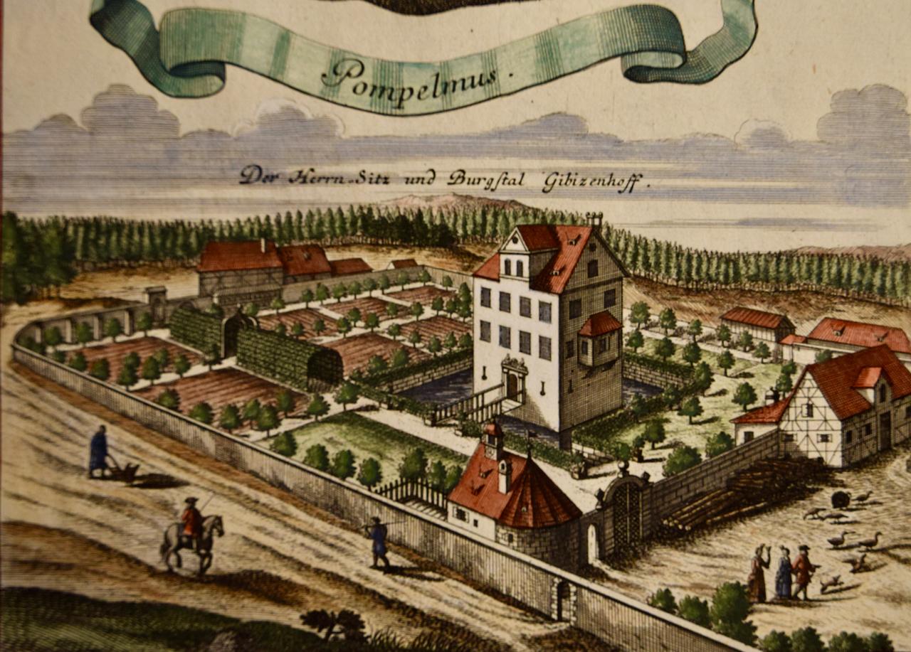 Pompelmus (Pomelo): Un grabado coloreado a mano de principios del siglo XVIII por Volckamer - Landscape Print Marrón de Johan Christoph Volkhamer